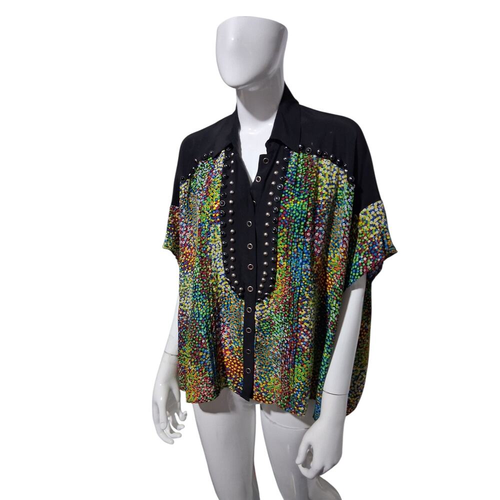 Nanette Lepore 100% Silk Womens size Large Studded Colorful Floral Luxury Top